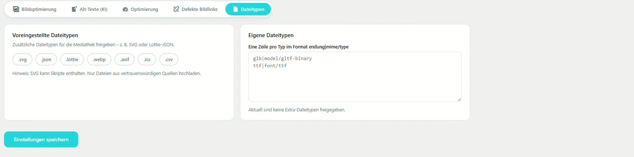 Zusätzliche Dateitypen wie SVG oder Lottie freigeben